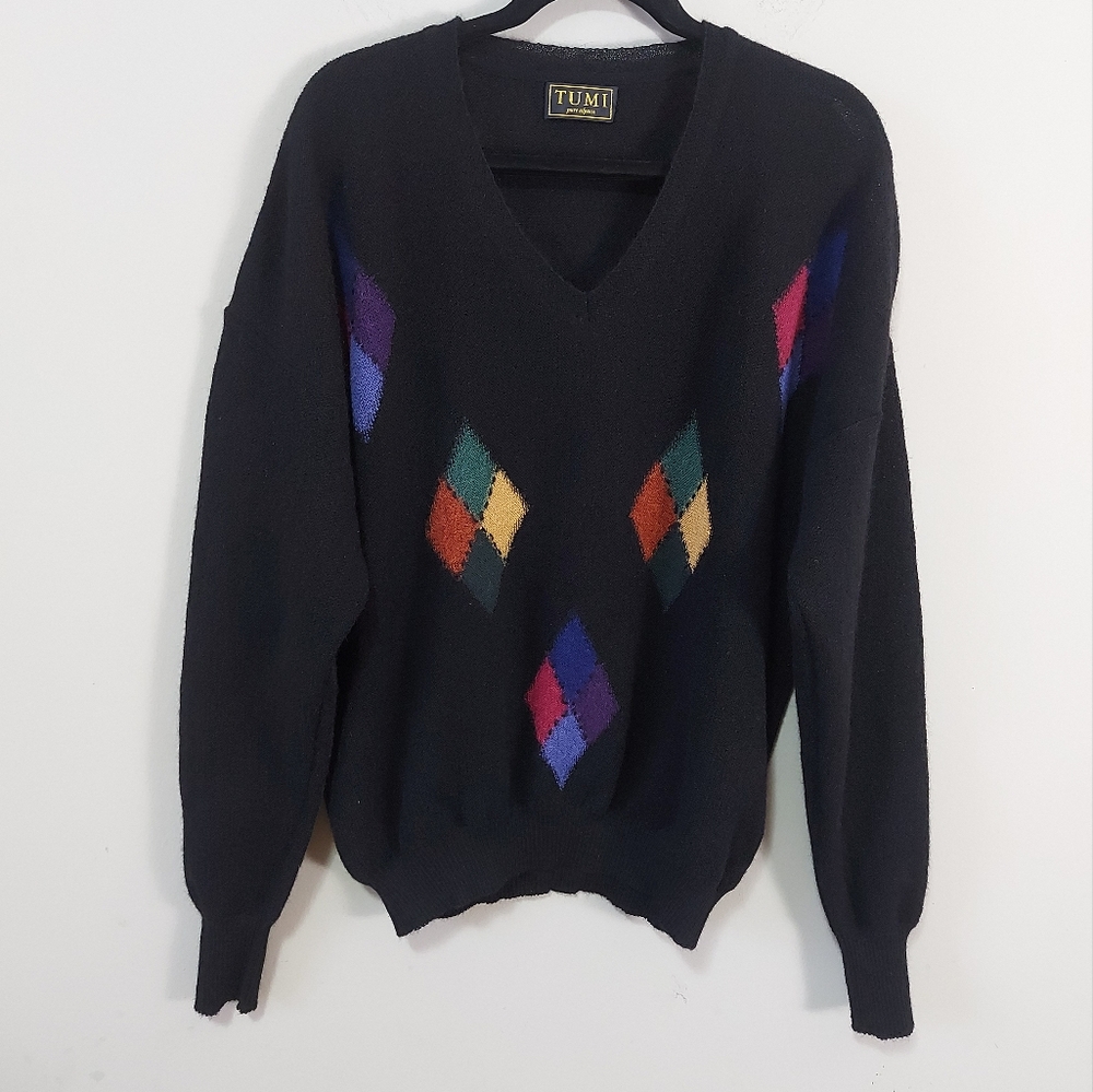 Tumi Men Argyle Alpaca Sweater Size XL Preppy Retro Campus 90s V-neck Pullover